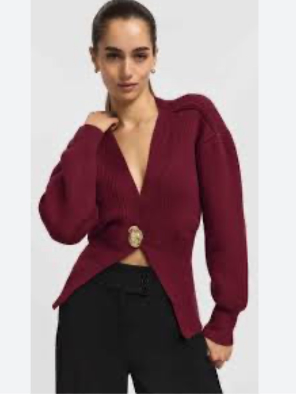 Urban Revivo V-Neck Ribbed Single-Button Cardigan Sweater - Burgundy Size 4